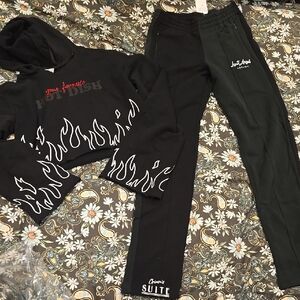 New CHIARA FERRAGNI Lounge Outfit Black Cropped Hoodie Pants Set Hot Dish